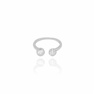 Anel Bolas Cravejado Cristal e Lisa Tamanho 17 Banho Branco