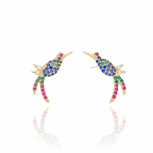 Brinco Beija-flor Cravejado Colorido Banho Dourado