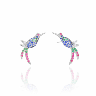 Brinco Beija-flor Cravejado Colorido Banho Branco