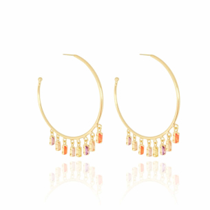 Brinco Argola Tubo Baguetes Coloridas Penduradas Banho Dourado