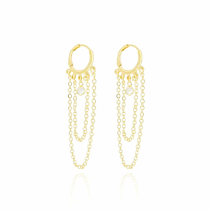 Brinco Argola Franja Corrente Ponto de Luz Cristal Banho Dourado