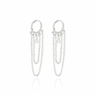 Brinco Argola Franja Corrente Ponto de Luz Cristal Banho Branco