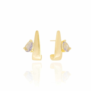 Brinco Meia Argola Gota Ametista Banho Dourado