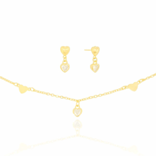 Conjunto Infantil Coração Cristal Flat Liso Banho Dourado
