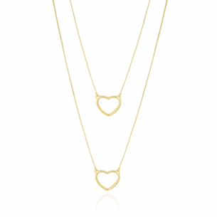 Gargantilha Dupla Corações Lisos Vazados Banho Dourado