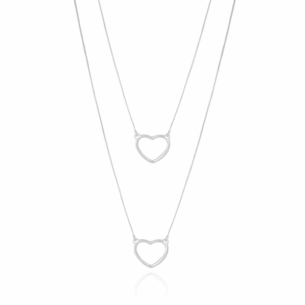 Gargantilha Dupla Corações Lisos Vazados Banho Branco