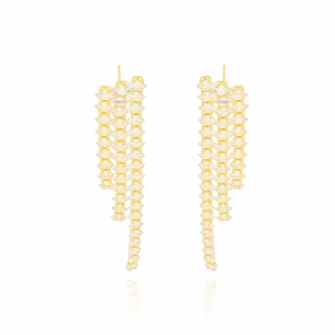 Brinco Franja Navetes Cravejado Banho Dourado