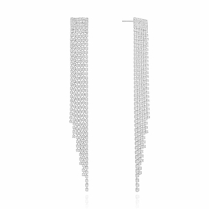 Brinco Franja Cravejado Cristal Banho Branco