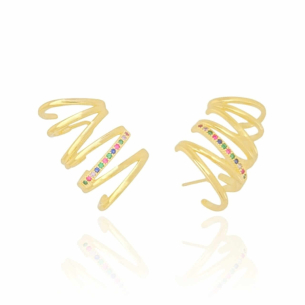 Ear Cuff Duplo Filetes Colorido Cravejado Banho Dourado