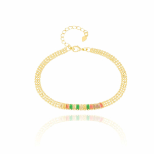 Pulseira Baguetes Coloridas Malha Bolinhas Banho Dourado
