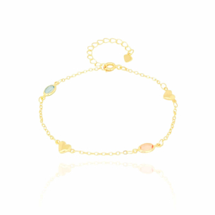 Pulseira Corações Pontos de Luz Coloridos Banho Dourado