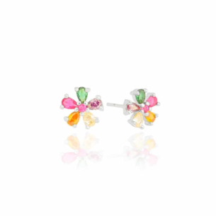 Brinco Flor Cravejado Colorido Banho Branco