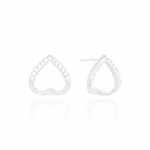 Brinco Coração Liso Cravejado Cristal Banho Branco