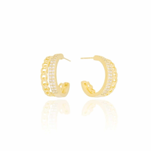 Brinco Meia Argola Cravejado Correntes Banho Dourado