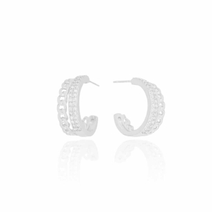 Brinco Meia Argola Cravejado Correntes Banho Branco