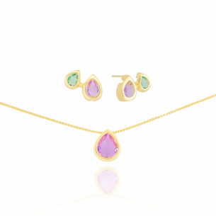 Conjunto Gotas Dupla Ametista Turmalina Banho Dourado