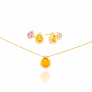 Conjunto Gotas Dupla Citrino Ametista Banho Dourado