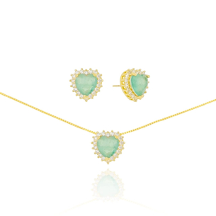 Conjunto Coração Green Fusion Borda Cravejada Cristal Banho Dourado