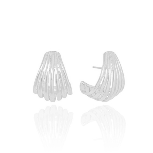 Brinco Meia Argola Abaulado com Filetes Banho Branco