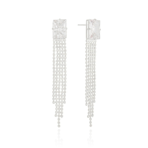 Brinco Retangular Cristal Franja com Plaquinhas Achatadas Banho Branco