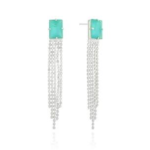 Brinco Retangular Turmalina Franja com Plaquinhas Achatadas Banho Branco