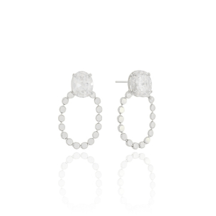 Brinco Oval Cristal Argola com Plaquinhas Achatadas Banho Branco
