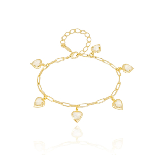 Pulseira Elos Corações Zircônia Cristal Banho Dourado