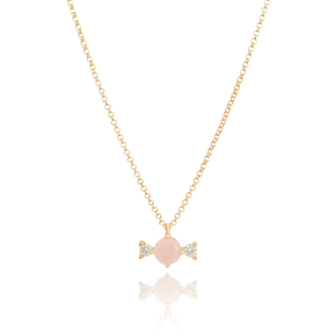 Gargantilha Infantil Pingente Bala Rosa Leitoso Cristal Banho Dourado