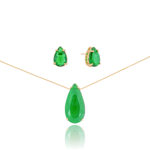 Conjunto Gota Esmeralda Banho Dourado