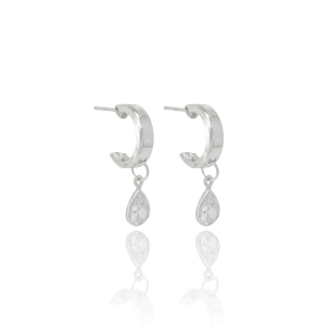 Brinco Meia Argola Lisa com Gota Zircônia Banho Branco