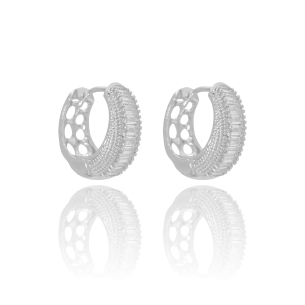 Brinco Argola Baguetes com Detalhes Banho Branco