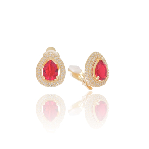 Brinco Gota Rubi Cravejado Cristal Banho Dourado