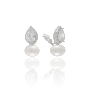 Brinco de Pressão Gota Zircônia Cravejado com Pérola Banho Branco