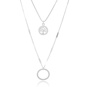 Gargantilha Dupla Árvore Cravejada com Círculo Liso Banho Branco