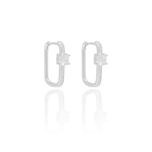 Brinco Argola Retangular com Ponto de Luz Cravejado Zircônia Banho Branco