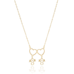 Gargantilha Corações com Dois Meninas Banho Dourado