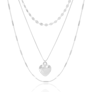 Gargantilha Tripla com Coração e Plaquinhas Banho Branco