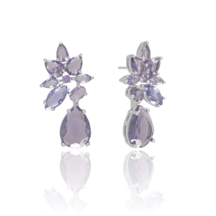 Brinco Gotas Ametista Banho Branco