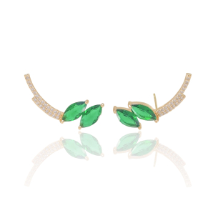 Ear Cuff Cravejado Zircônia Navetes Esmeralda Banho Dourado