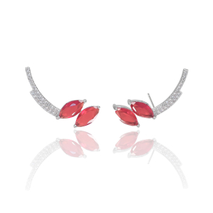 Ear Cuff Cravejado Zircônia Navetes Rubi Banho Branco