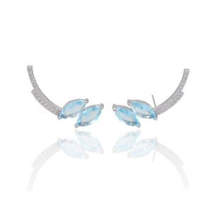 Ear Cuff Cravejado Zircônia Navetes Topázio Sky Banho Branco