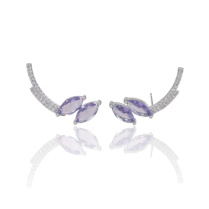 Ear Cuff Cravejado Zircônia Navetes Ametista Banho Branco