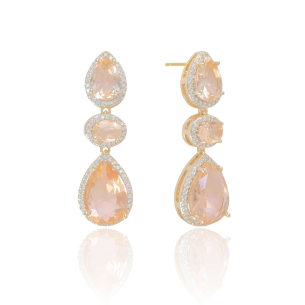 Brinco Gotas Oval Morganita Cravejado Zircônia Banho Dourado
