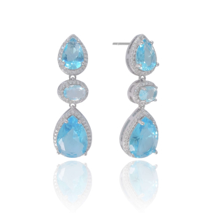 Brinco Gotas Oval Topázio Sky Cravejado Zircônia Banho Branco