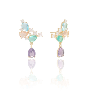 Ear Cuff Gotas Colorido Banho Dourado