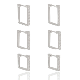 Trio Argolas Retangulares Cravejado Zircônia Banho Branco