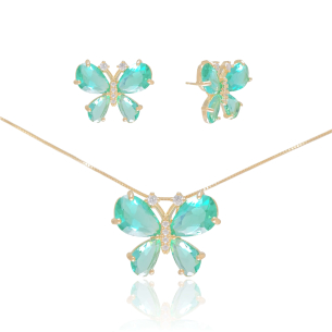 Conjunto Borboleta Turmalina Cravejado Zircônia Banho Dourado