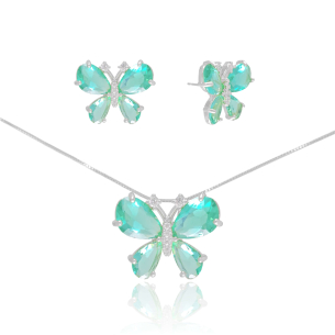 Conjunto Borboleta Turmalina Cravejado Zircônia Banho Branco