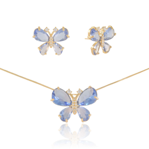 Conjunto Borboleta Safira Cravejado Zircônia Banho Dourado