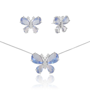 Conjunto Borboleta Safira Cravejado Zircônia Banho Branco